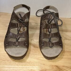 New Aetrex Giselle Open Toe Leather Wedge Sandal Brown EU 42 US 10 Lace Up